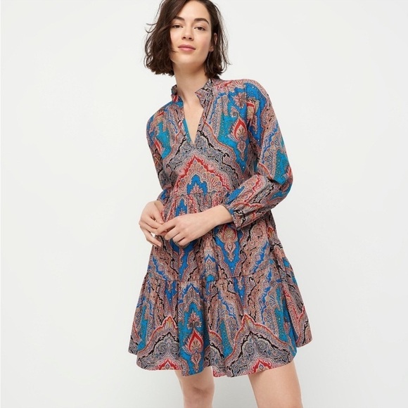 J Crew A-Line Poplin Dress in Ratti Mediterranean Paisley Print Long Sleeve M - Picture 1 of 10